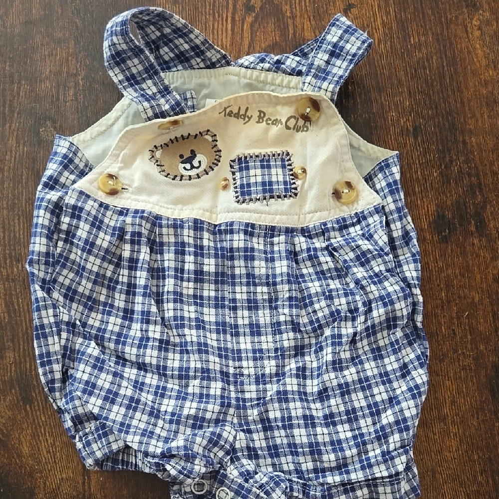 Vintage 90's Blue and White Plaid Overalls with Bear Design